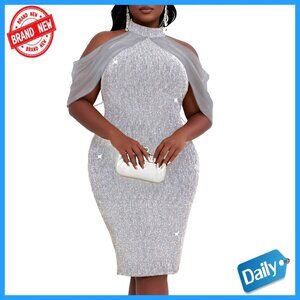 Sparkly Rhinestone Dress Halter Neck Cape Sleeves Bodycon Formal Cocktail